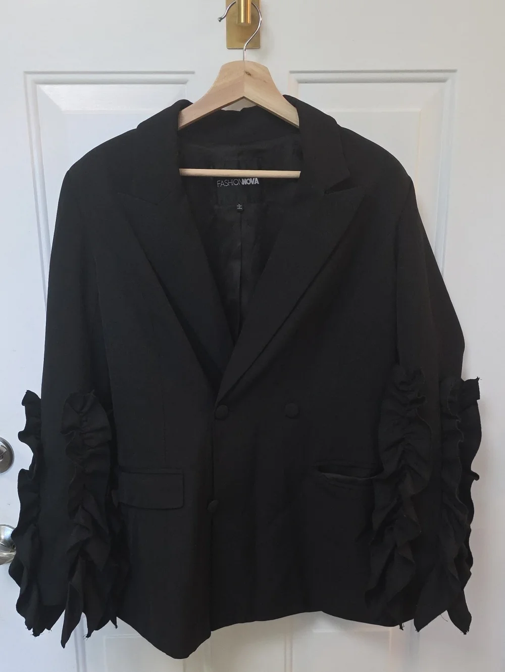 Fashion Nova Black Double-Breasted Blazer with Ruffle Sleeve Detail